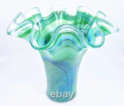 Authentic Murano Italy Hand Blown Ruffled Swirl Sommerso Art Glass Vase Marked