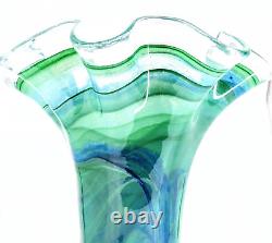 Authentic Murano Italy Hand Blown Ruffled Swirl Sommerso Art Glass Vase Marked