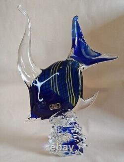 Authentic Murano Piazza Cobalt Blue Tropical Fish Hand Blown Glass 13 Pedestal