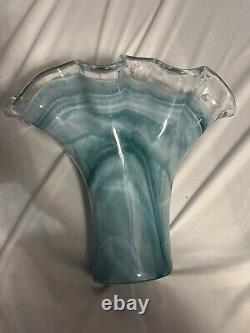 Authentic New Murano Vase Beautiful Hand Blown Blue Clam Ocean Style Rare