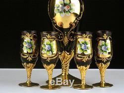 Barbini Murano Amethyst Decanter & Wine Glasses Set, Vintage Raised Floral Gold