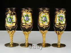 Barbini Murano Amethyst Decanter & Wine Glasses Set, Vintage Raised Floral Gold