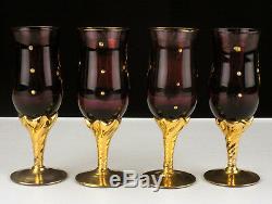 Barbini Murano Amethyst Decanter & Wine Glasses Set, Vintage Raised Floral Gold