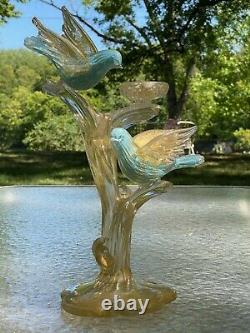 Barbini Murano Venetian Blue Gold Flecked Birds on Branch With Nest Sculpture