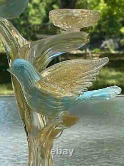 Barbini Murano Venetian Blue Gold Flecked Birds on Branch With Nest Sculpture