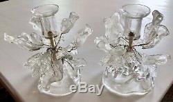 Barovier & Toso Murano Glass Clear Candlesticks w Poseable Wired Leaves