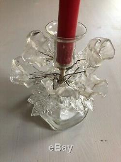 Barovier & Toso Murano Glass Clear Candlesticks w Poseable Wired Leaves