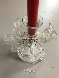 Barovier & Toso Murano Glass Clear Candlesticks w Poseable Wired Leaves