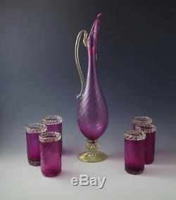 Barovier Toso Venetian Glass Murano Pitcher And 6 Tumblers Set Amethyst Gold