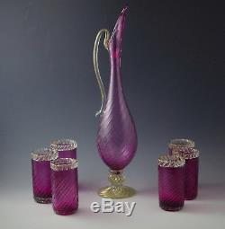 Barovier Toso Venetian Glass Murano Pitcher And 6 Tumblers Set Amethyst Gold