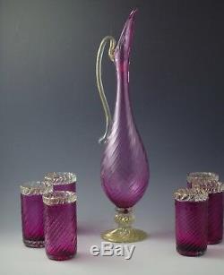 Barovier Toso Venetian Glass Murano Pitcher And 6 Tumblers Set Amethyst Gold