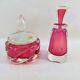 Beautiful Cranberry Murano Glass Hand Blown Perfume Bottle And Dresser Box Nice