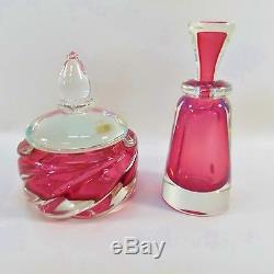 Beautiful Cranberry Murano Glass Hand Blown Perfume Bottle And Dresser Box Nice