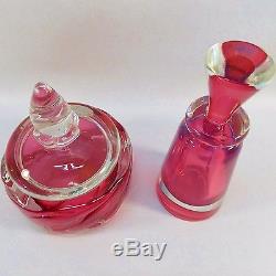 Beautiful Cranberry Murano Glass Hand Blown Perfume Bottle And Dresser Box Nice