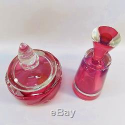 Beautiful Cranberry Murano Glass Hand Blown Perfume Bottle And Dresser Box Nice