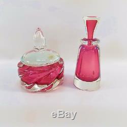 Beautiful Cranberry Murano Glass Hand Blown Perfume Bottle And Dresser Box Nice