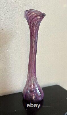 Beautiful MCM Murano Glass Hand-Blown Lavender Swung Vase. Signed 15 1/2