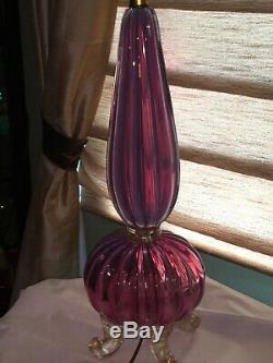 Beautiful Mid Century Murano Pink Opalescent And Gold Ribbed Glass Table Lamp