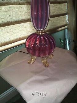 Beautiful Mid Century Murano Pink Opalescent And Gold Ribbed Glass Table Lamp
