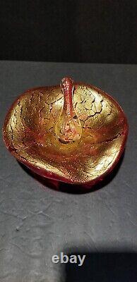 Beautiful Murano Red Bowl / Dish with Pestle Heavy layer of crackled gold