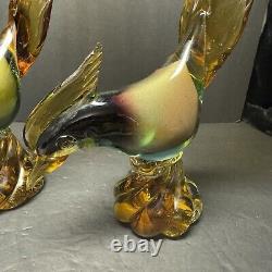 Beautiful RARE Murano Illustrious Art Glass Pheasant Pair With Heavy Swirl Base