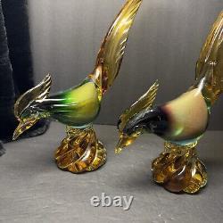 Beautiful RARE Murano Illustrious Art Glass Pheasant Pair With Heavy Swirl Base