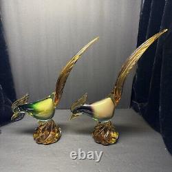 Beautiful RARE Murano Illustrious Art Glass Pheasant Pair With Heavy Swirl Base