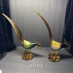 Beautiful RARE Murano Illustrious Art Glass Pheasant Pair With Heavy Swirl Base