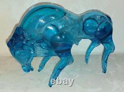 Big Murano Cobalt Ice Blue Art Glass Bull Figurine Fighting