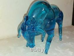 Big Murano Cobalt Ice Blue Art Glass Bull Figurine Fighting