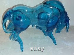 Big Murano Cobalt Ice Blue Art Glass Bull Figurine Fighting