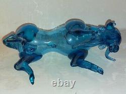 Big Murano Cobalt Ice Blue Art Glass Bull Figurine Fighting