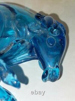 Big Murano Cobalt Ice Blue Art Glass Bull Figurine Fighting