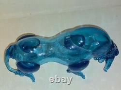 Big Murano Cobalt Ice Blue Art Glass Bull Figurine Fighting