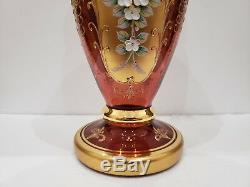 Bohemian Venetian Murano RUBY Vases Hand Painted Floral Enamel Gold 12
