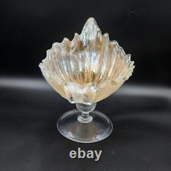 Bowl Vintage Lavorazione Arte Murano Shell Hand Blown Pedestal Cream Iridescent