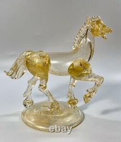 C1930s AVEM Murano Italy Clear Glass Gold Leaf Stallion Mounted On Circular Base