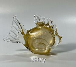 C1950s Archimede Seguso Signed Murano Italy Polveri Gold Inclusions Glass Fish