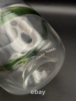 Carlo Moretti Murano Green Striped Tumbler Signed Hand Blown Italy