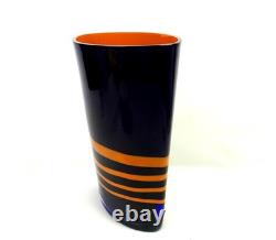 Carlo Moretti Signed Murano Glass Blue & Orange Cased 10 3/8 Oval Vase 1960-80s
