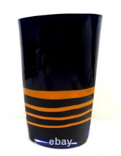 Carlo Moretti Signed Murano Glass Blue & Orange Cased 10 3/8 Oval Vase 1960-80s