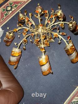 ELABORATE ITALIAN BRASS with HAND BLOWN MURANO GLASS CHANDELIER
