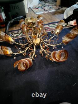 ELABORATE ITALIAN BRASS with HAND BLOWN MURANO GLASS CHANDELIER