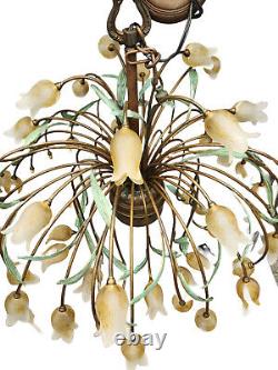 ELABORATE ITALIAN BRASS with HAND BLOWN MURANO GLASS TULIP CHANDELIER 32x28