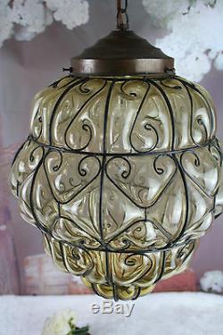 EXCLUSIVE Murano SEGUSO caged lantern pendant chandelier amber hand blown 60's