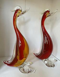 Elegant 14 Murano Hand Blown Glass Amberina Color Duck Pair