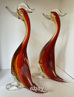 Elegant 14 Murano Hand Blown Glass Amberina Color Duck Pair