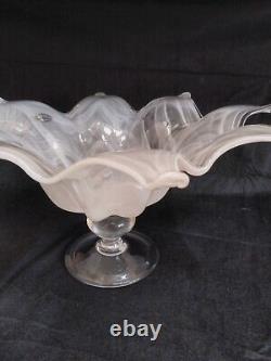 Exquisite Extra-Large White / Clear Murano Hand Blown Glass Footed Pedestal Bowl