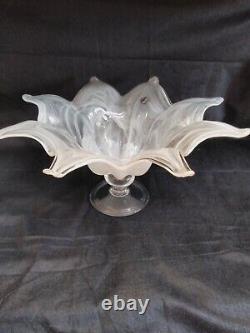 Exquisite Extra-Large White / Clear Murano Hand Blown Glass Footed Pedestal Bowl