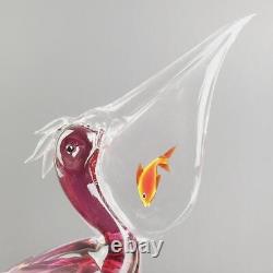 Exquisite Formia Vetri Di Murano Italian Art Glass Pink Pelican with Fish-Signed